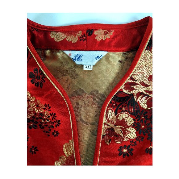 Satin Chinese Mandarin Top Long Sleeves XXL Embroidered Ruby Red Vintage - Picture 4 of 10